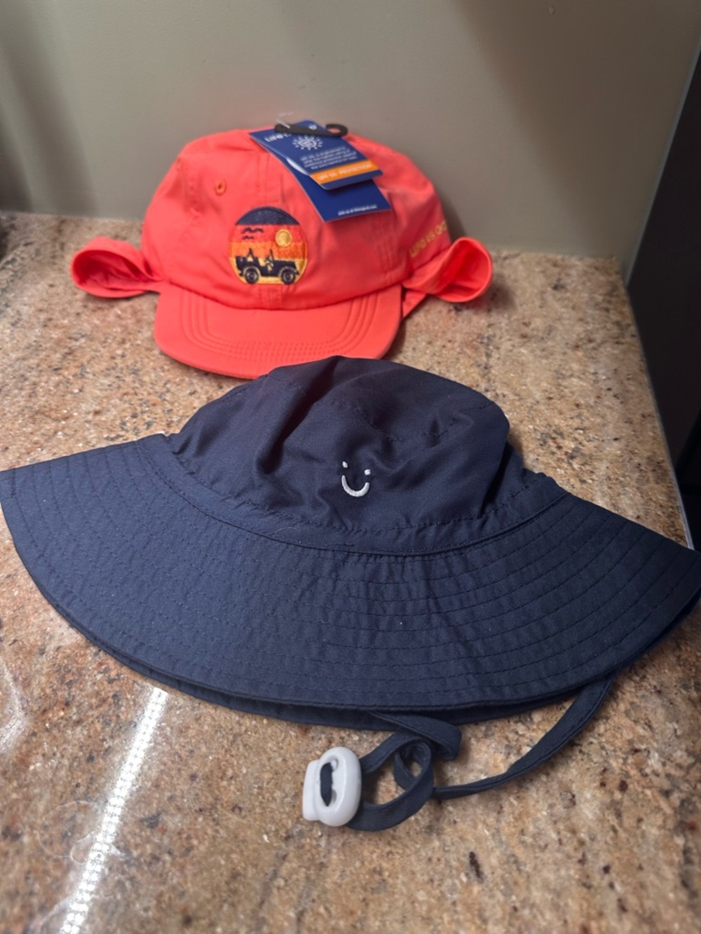 Two Infant Boys Sun Hats - Coral Baseball Cap & Navy Wide-Brim Hat ☀️